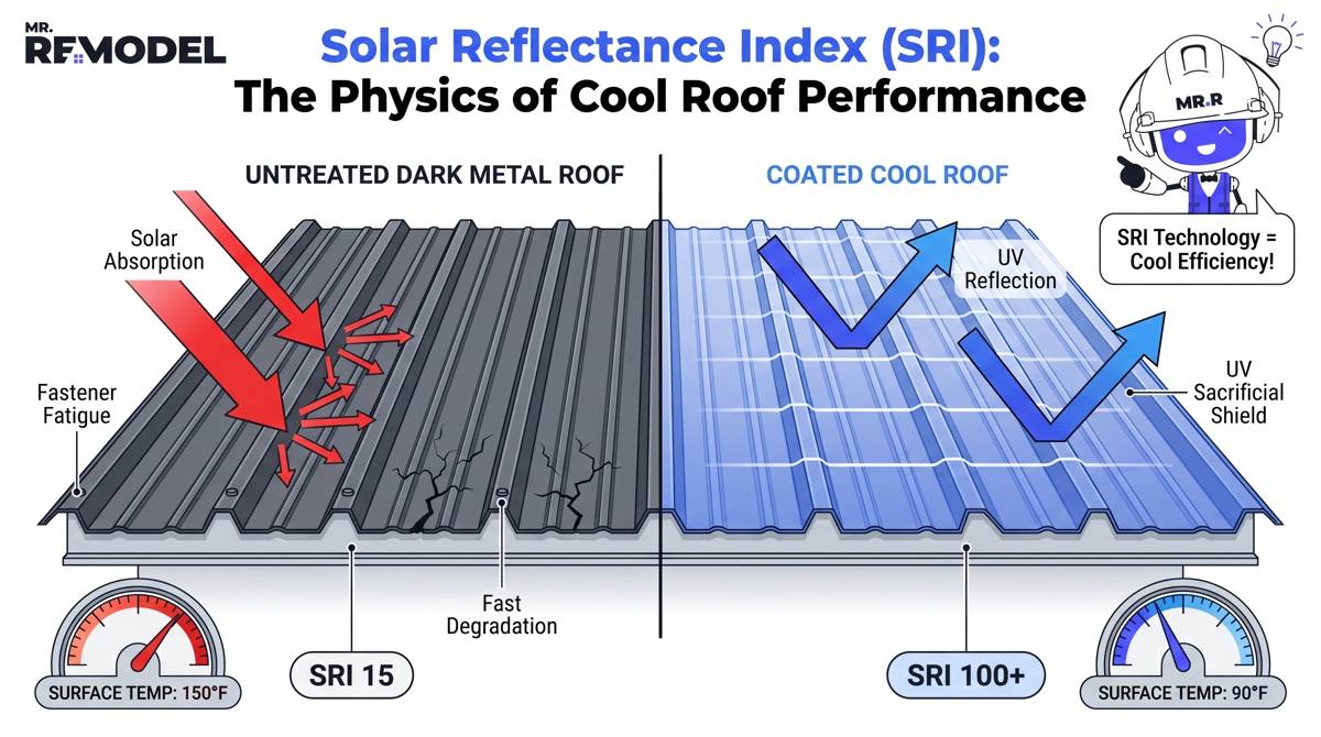 A clean, vertical infographic visualizing the core chemical section. It contrasts a Baseline Roof (SRI 15) ➔ experiencing vertical red arrows ("Thermal Soak" leading to Fastener Fatigue) ➔ versus an Elastomeric Coated Roof (SRI 100+), using optimized blue arrows ("Solar Reflectance") and showing lateral white lines ("sacrificial UV shield") and labeled "Mitigates Thermal Cycling / Saves 7-15% Annual Cooling Load."